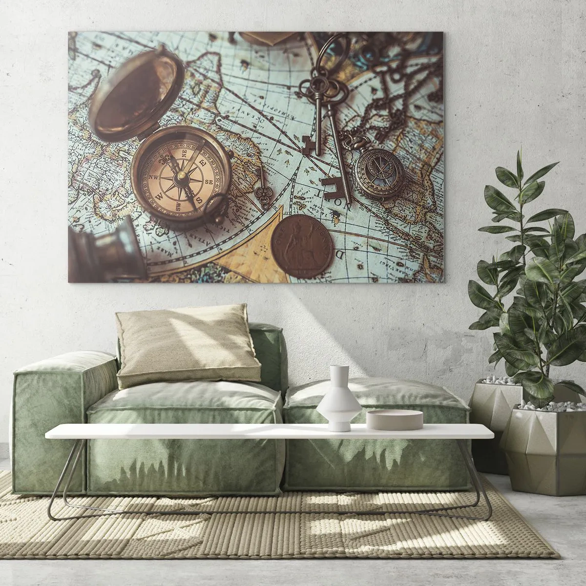 Obraz na skle - Starožitný kompas na pozadí mapy a starožitných kľúčov. - 70x50cm - Pre dobrodruha - Moderná nástenná dekorácia do obývacej izby a spálne ARTTOR