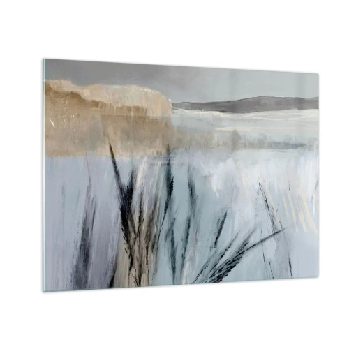 Obraz na skle - Zimná krajina s trávami na pozadí zasnežených polí - 70x50cm - Zimné polia - Moderná nástenná dekorácia do obývacej izby a spálne ARTTOR
