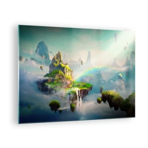 Obraz na skle - Lietajúce ostrovy v oblakoch s dúhami a vodopádmi - 70x50cm - Uprostred neba - šťastné ostrovy - Moderná nástenná dekorácia do obývacej izby a spálne ARTTOR