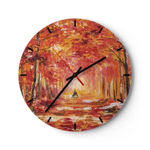 Nástenné hodiny - Jesenný les v teplých odtieňoch červenej a oranžovej - 30x30cm - Medený les - Moderná nástenná dekorácia do obývacej izby, kuchyne a spálne ARTTOR