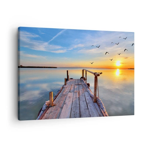 Obraz na plátne - Drevené mólo pri západe slnka na pokojnom jazere - 70x50cm - Ísť pred seba smerom k slnku - Moderná nástenná dekorácia do obývacej izby a spálne ARTTOR