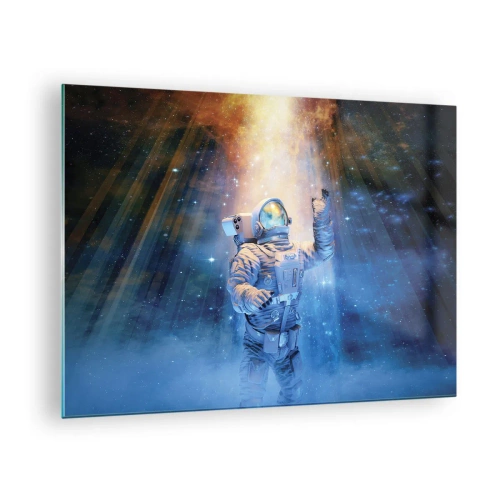 Obraz na skle - Astronaut vo vesmíre osvetlený lúčmi svetla - 70x50cm - Konečne v cieli - Moderná nástenná dekorácia do obývacej izby a spálne ARTTOR