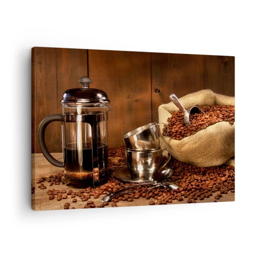 Obraz na plátne - French press, šálky a vrecko kávy na drevenom pozadí - 70x50cm - Kúzlo kávy - aróma a chuť - Moderná nástenná dekorácia do obývacej izby a spálne ARTTOR