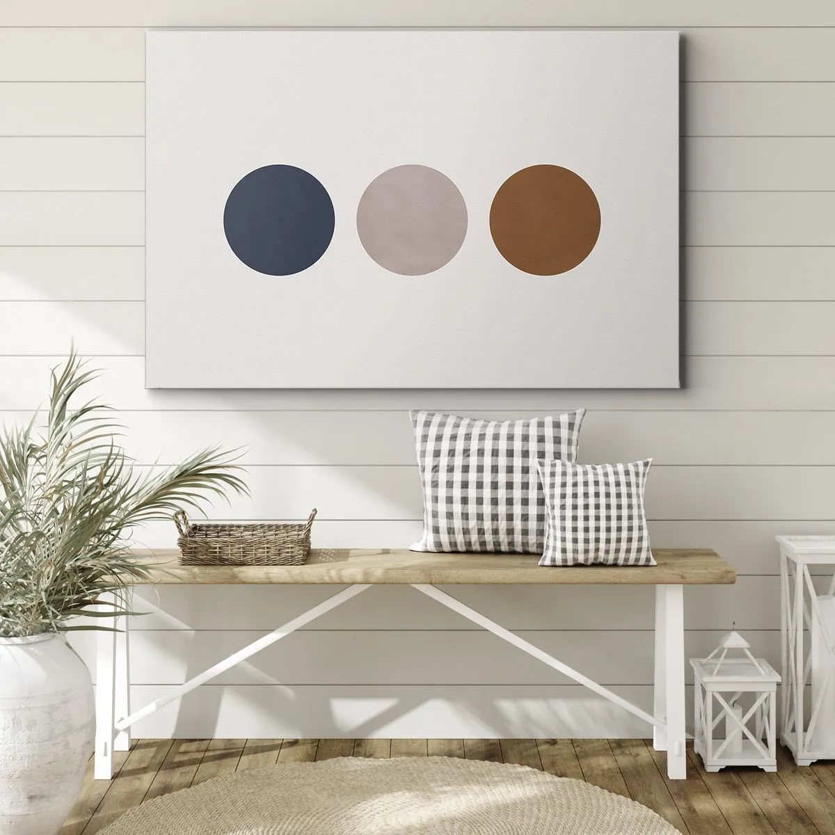 Obraz na plátne - Minimalistická kompozícia s tromi farebnými kruhmi - 70x50cm - Symbol dokonalosti - Moderná nástenná dekorácia do obývacej izby a spálne ARTTOR