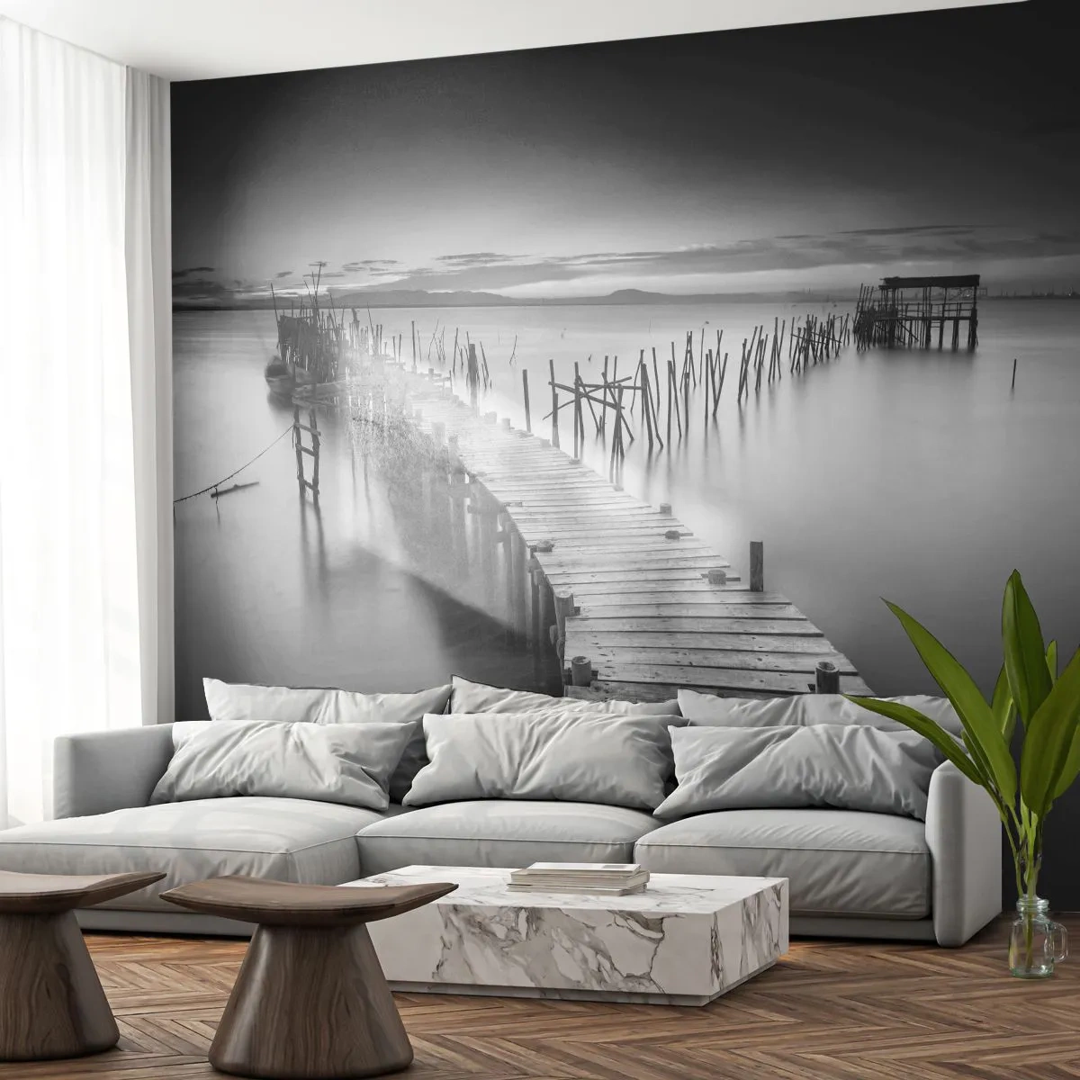 Fototapeta Premium Sand - Pokoj zabudnutého brehu - Krajina, Jazero, Drevený most - 100x70 cm