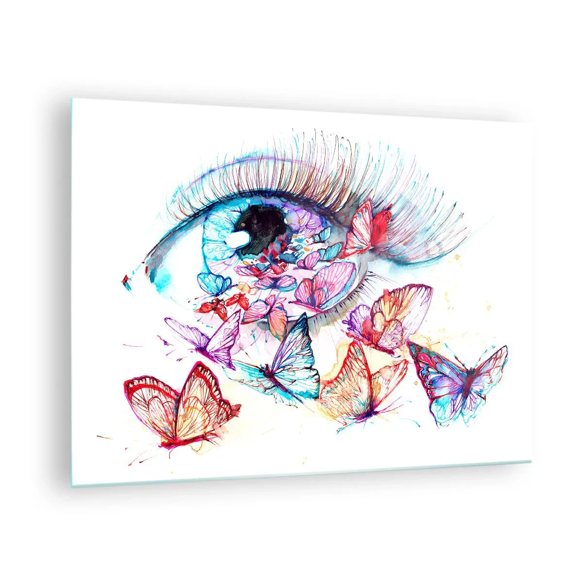 Obraz na skle - Ženské oko obklopené farebnými akvarelovými motýľmi - 70x50cm - Rozprávkové kúzlo očí - Moderná nástenná dekorácia do obývacej izby a spálne ARTTOR