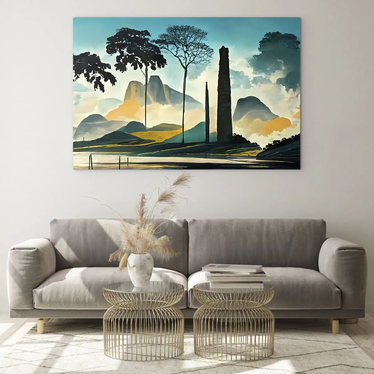 Obraz na skle - Fantastická krajina s horami, stromami a týčiacou sa skalou - 70x50cm - Vyššie a vyššie - Moderná nástenná dekorácia do obývacej izby a spálne ARTTOR