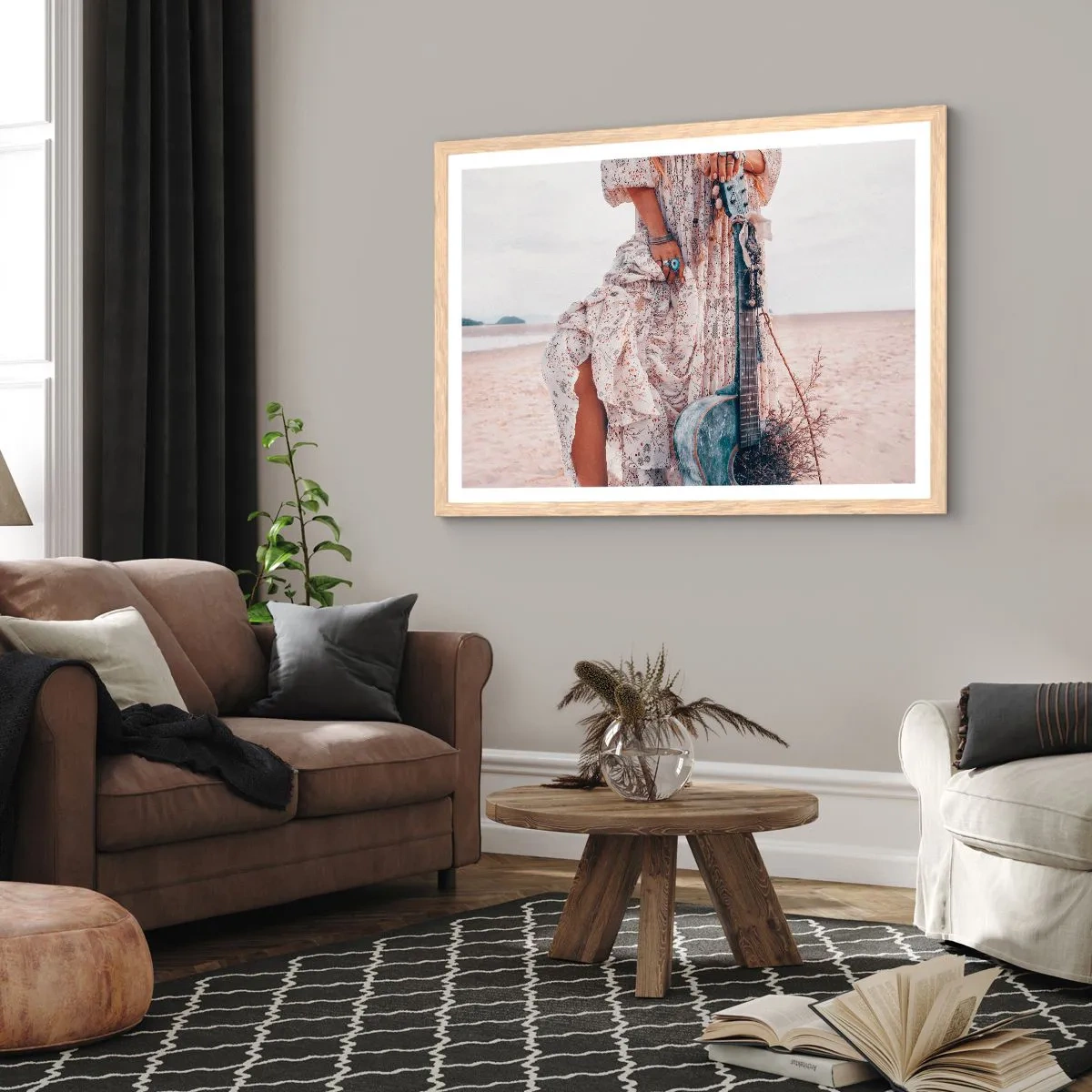 Plagát v ráme zo svetlého duba - Kvetinové deti na ceste - 100x70 cm