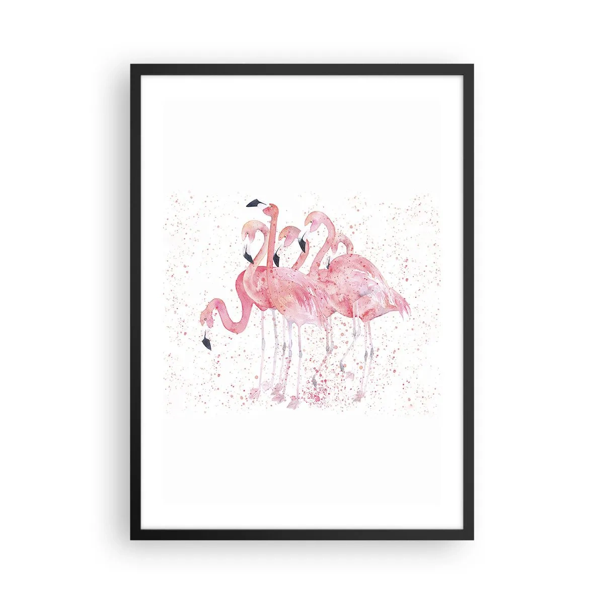 Plagát v čiernom ráme - Skupina ružových plameniakov na bielom pozadí - 50x70cm - Ružový ansámbl - Moderná nástenná dekorácia do obývacej izby a spálne ARTTOR