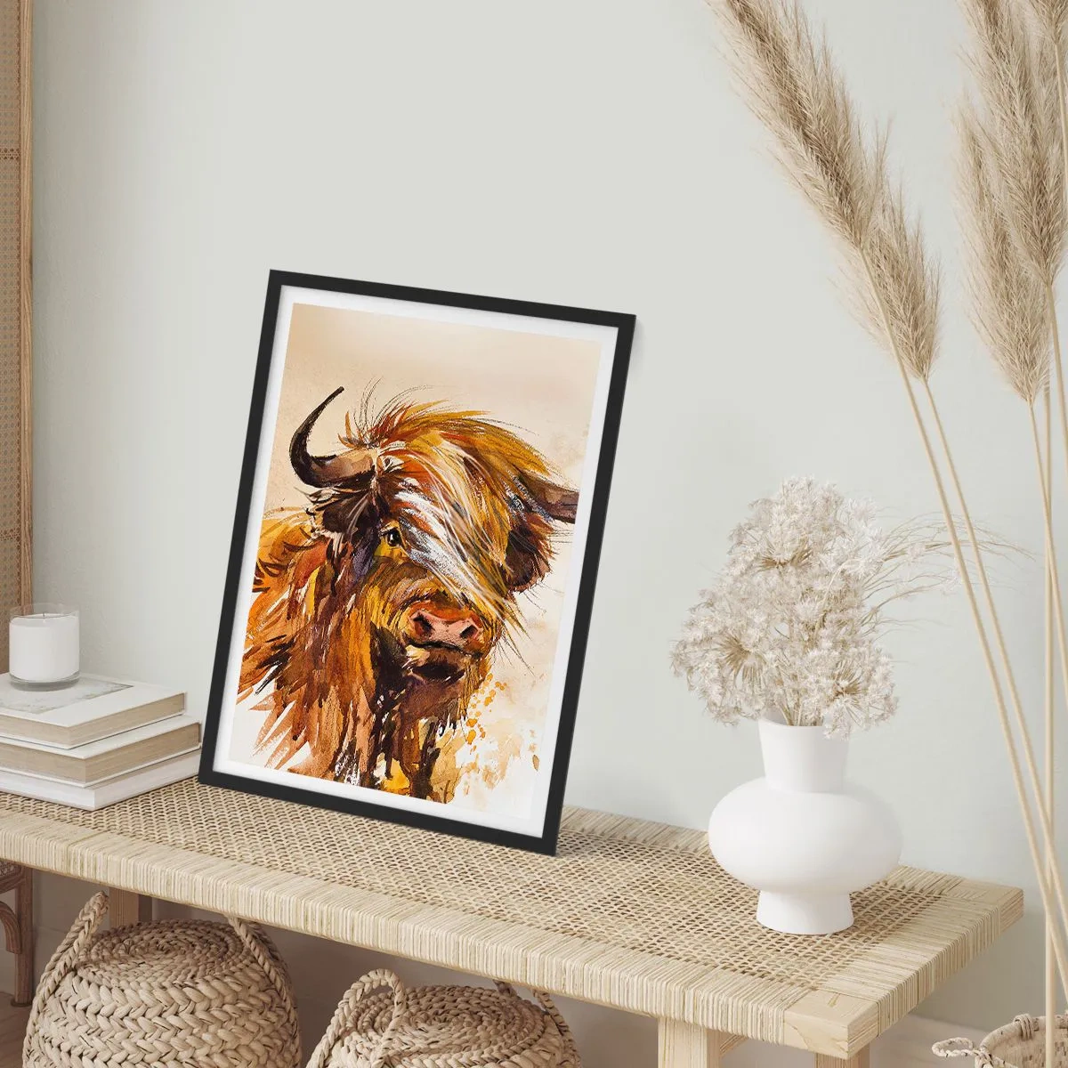 Plagát v čiernom ráme - Portrét býka v umeleckom akvarelovom štýle - 50x70cm - Pýcha lovca - Moderná nástenná dekorácia do obývacej izby a spálne ARTTOR