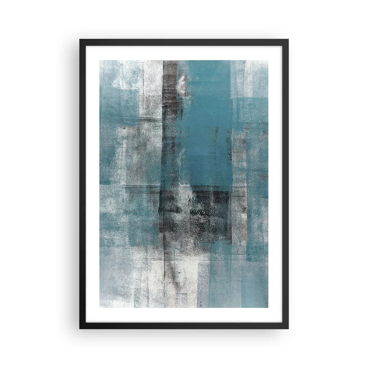Plagát v čiernom ráme - Abstraktná kompozícia v odtieňoch modrej a sivej - 50x70cm - Voda a vzduch - Moderná nástenná dekorácia do obývacej izby a spálne ARTTOR
