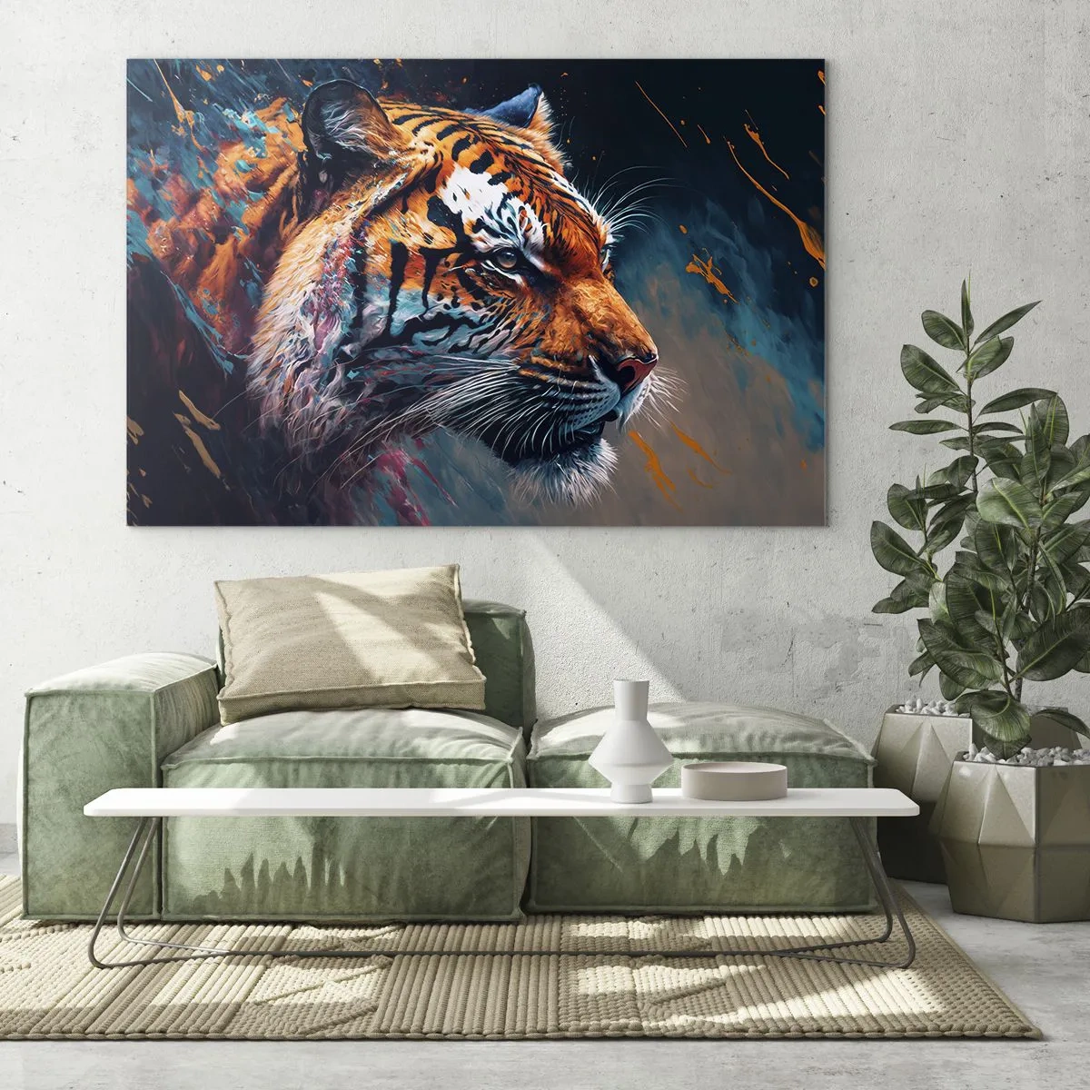 Obraz na skle - Portrét tigra v umeleckej explózii farieb - 70x50cm - Divoká krása - Moderná nástenná dekorácia do obývacej izby a spálne ARTTOR