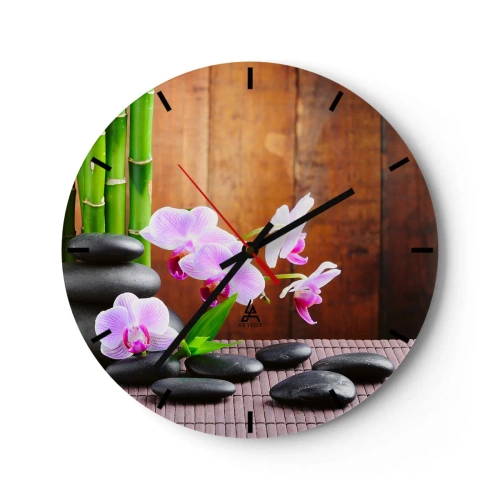 Nástenné hodiny - Fialové orchidey s bambusom a kameňmi - 30x30cm - Zoznámte sa s potešením východu - Moderná nástenná dekorácia do obývacej izby, kuchyne a spálne ARTTOR