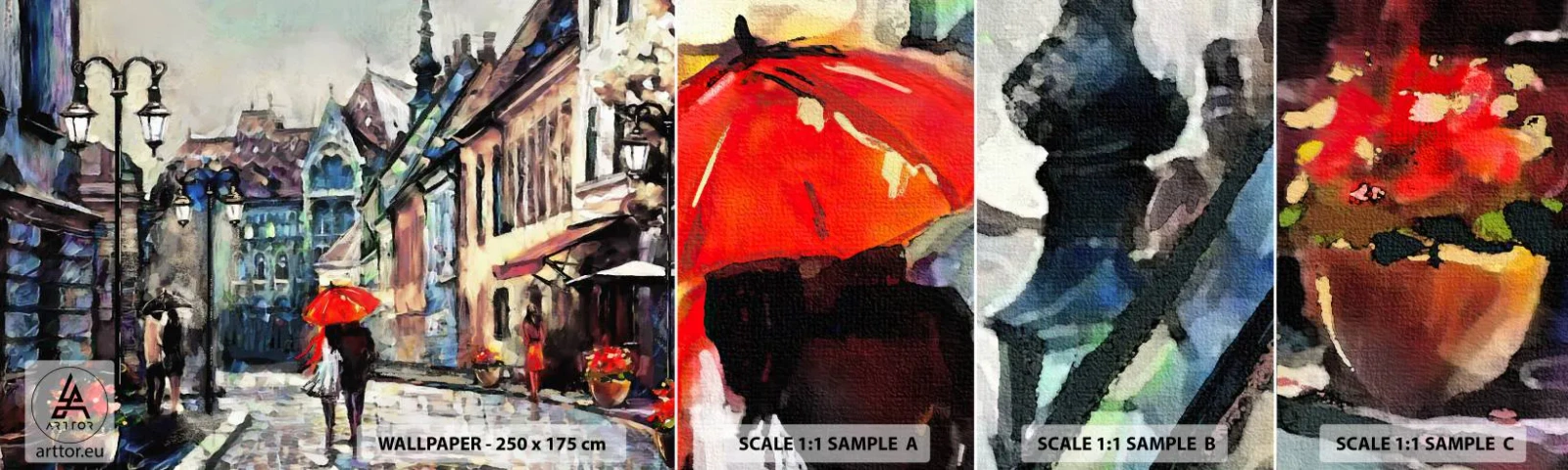 Vzorka samolepiacej fototapety Deluxe Sticker - Dážď pre dvoch - Mesto, Architektúra, Staré Mesto - 100x30 cm