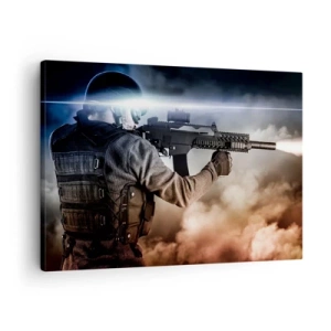 Obraz na plátne - Vojak v akcii s puškou na pozadí oblakov a svetla. - 70x50cm - Proste hrdina - Moderná nástenná dekorácia do obývacej izby a spálne ARTTOR