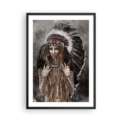 Plagát v čiernom ráme - Žena v pernatej čelenke s bielymi maľbami na tele - 50x70cm - Tajomstvo kmeňovej sily - Moderná nástenná dekorácia do obývacej izby a spálne ARTTOR