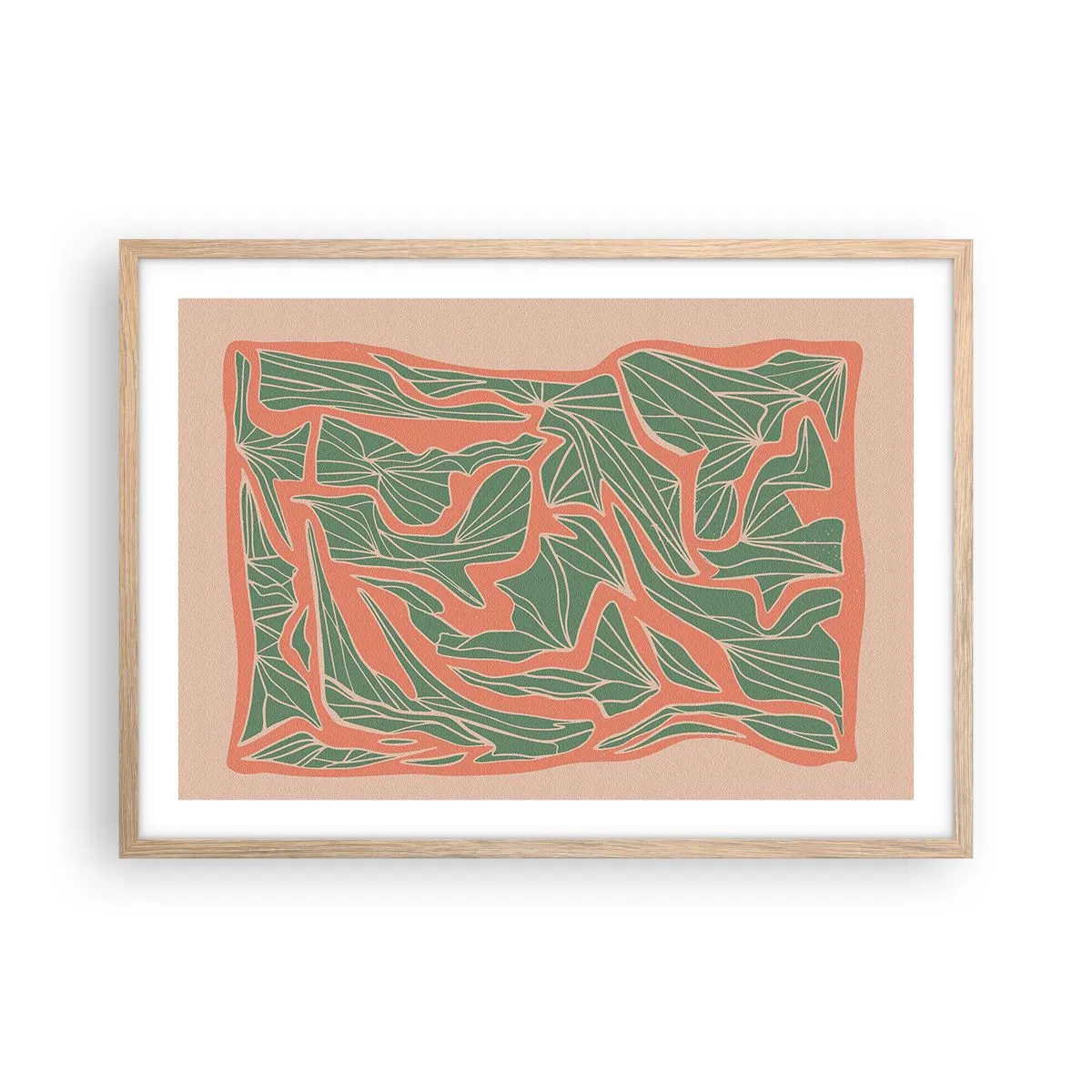 Plagát v ráme zo svetlého duba - Súboj koralov a zelene - 70x50 cm