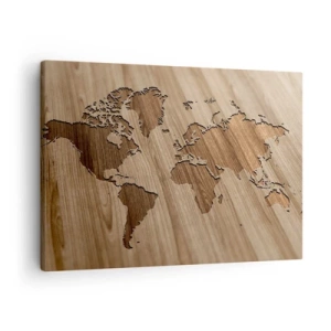 Obraz na plátne - Mapa sveta vyrezaná na drevenom povrchu - 70x50cm - Svet podaný na stole - Moderná nástenná dekorácia do obývacej izby a spálne ARTTOR