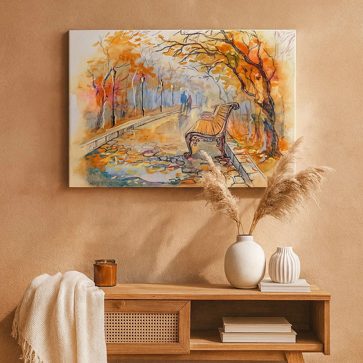 Obraz na plátne - Jesenný park s lavičkou v akvareloch - 70x50cm - Spoločne putovať jeseňou - Moderná nástenná dekorácia do obývacej izby a spálne ARTTOR