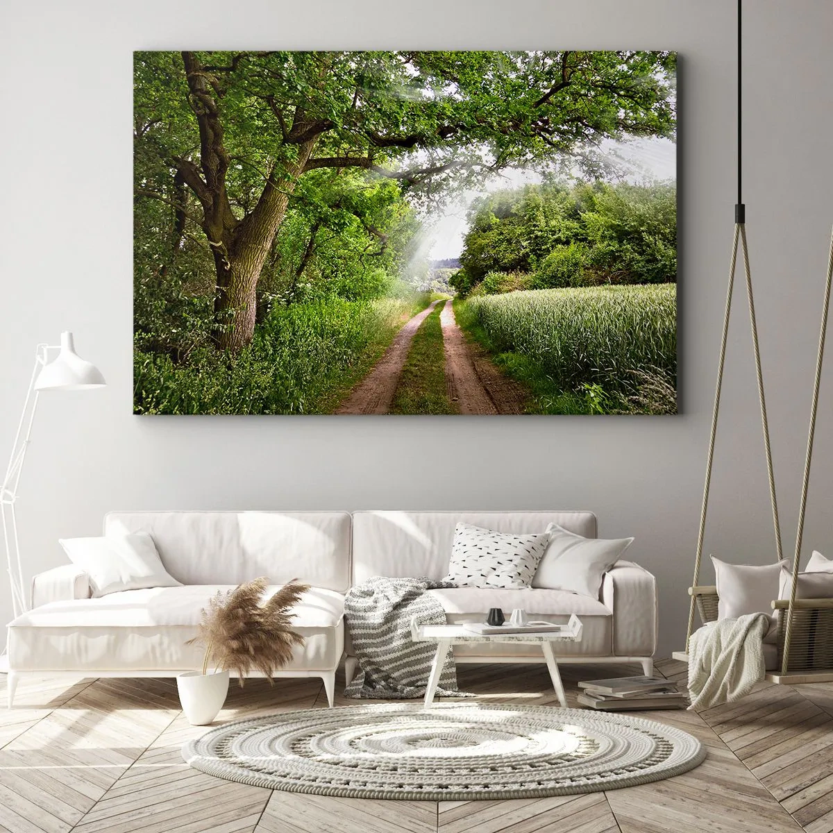 Obraz na plátne - Nespevnená cesta medzi zelenými stromami a slnečným svetlom - 70x50cm - Et in Arcadia ego - Moderná nástenná dekorácia do obývacej izby a spálne ARTTOR