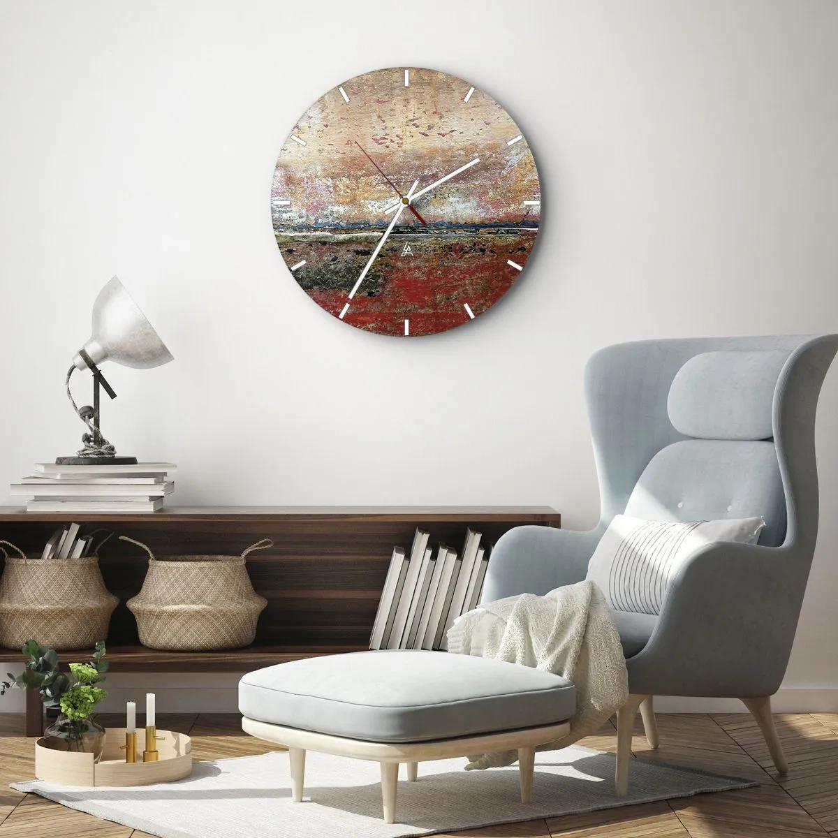 Nástenné hodiny - Abstraktná krajina s textúrou a teplými zemitými tónmi. - 30x30cm - Možno je to more - Moderná nástenná dekorácia do obývacej izby, kuchyne a spálne ARTTOR