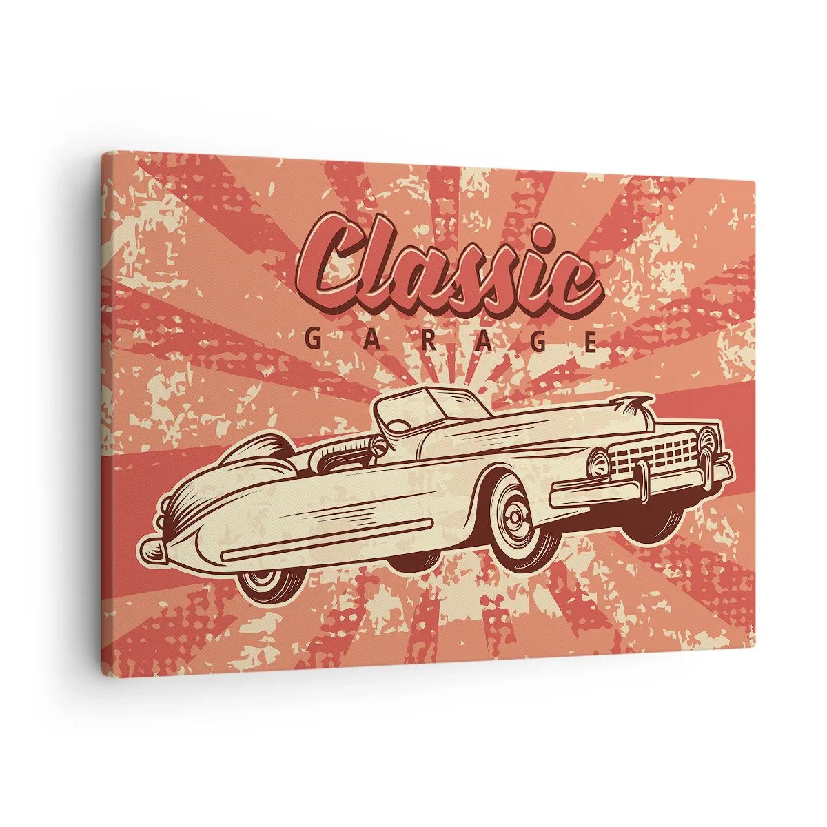 Obraz na plátne - Retro plagát s klasickým autom a slovami Classic Garage - 70x50cm - V rádiu je Elvis - Moderná nástenná dekorácia do obývacej izby a spálne ARTTOR