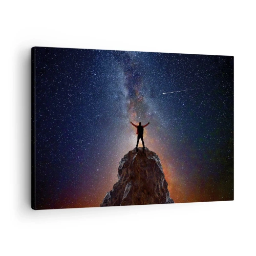Obraz na plátne - Postava na vrchole hory pod hviezdnou oblohou - 70x50cm - Sila je so mnou! - Moderná nástenná dekorácia do obývacej izby a spálne ARTTOR