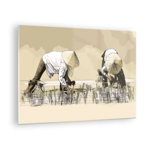 Obraz na skle - Minimalistická ilustrácia pracujúcich farmárov - 70x50cm - Úspešný zber - Moderná nástenná dekorácia do obývacej izby a spálne ARTTOR