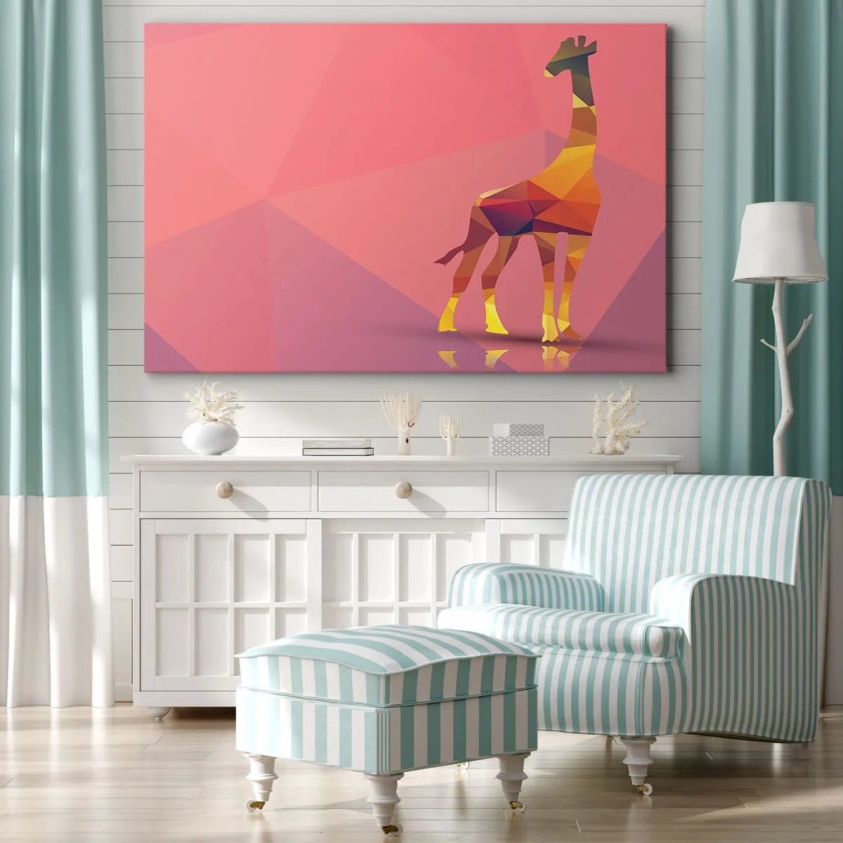 Obraz na plátne - Geometrická silueta žirafy v pastelových odtieňoch ružovej a žltej - 70x50cm - V farbách savany - Moderná nástenná dekorácia do obývacej izby a spálne ARTTOR