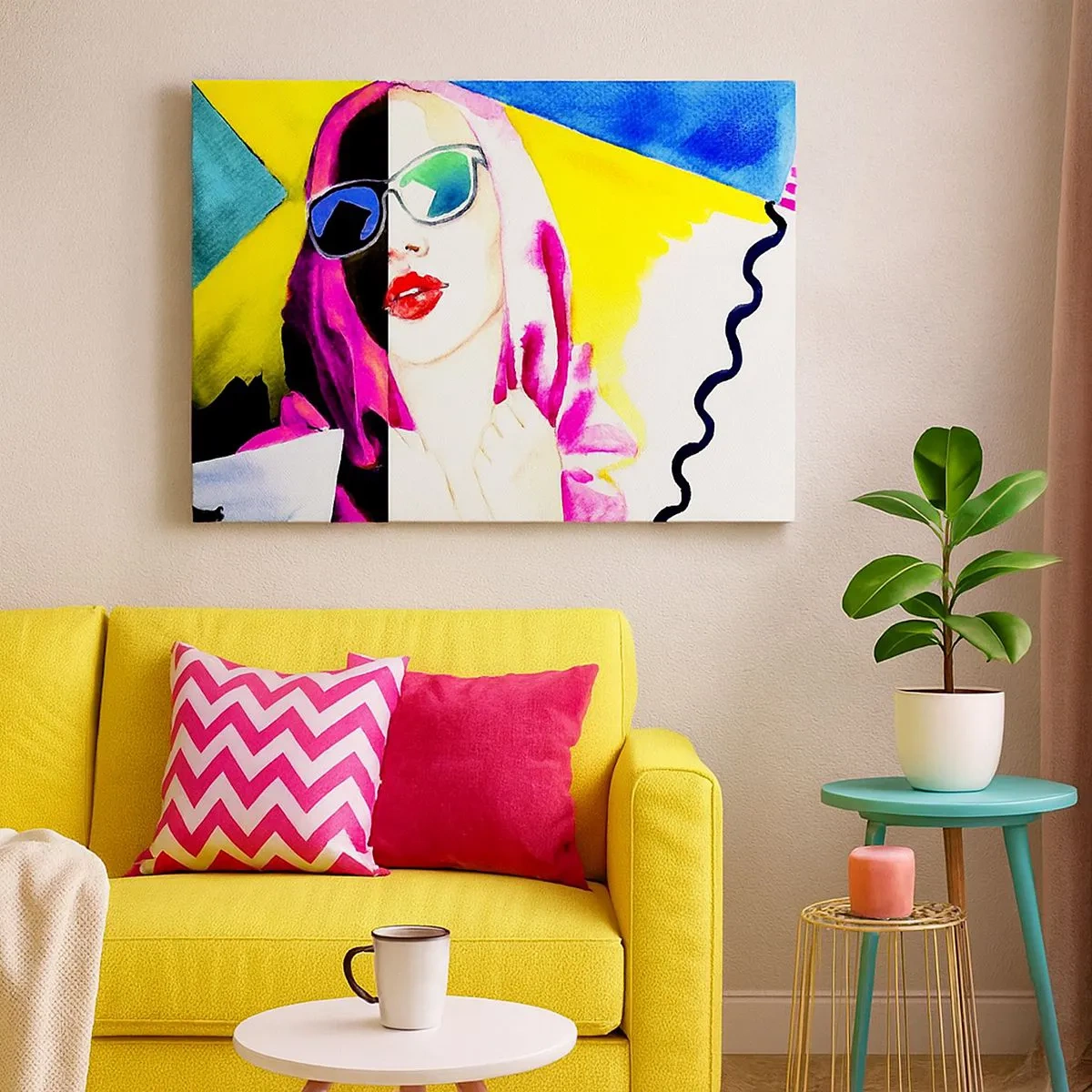 Obraz na plátne - Farebný portrét ženy so slnečnými okuliarmi - 70x50cm - Nie som biela a nie som čierna - Moderná nástenná dekorácia do obývacej izby a spálne ARTTOR