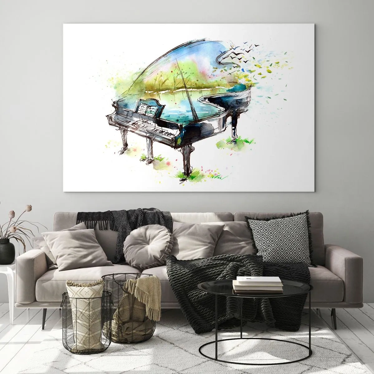 Obraz na skle - Akvarel klavíra obklopeného prírodou - 70x50cm - Zakliate v hudbe - Moderná nástenná dekorácia do obývacej izby a spálne ARTTOR