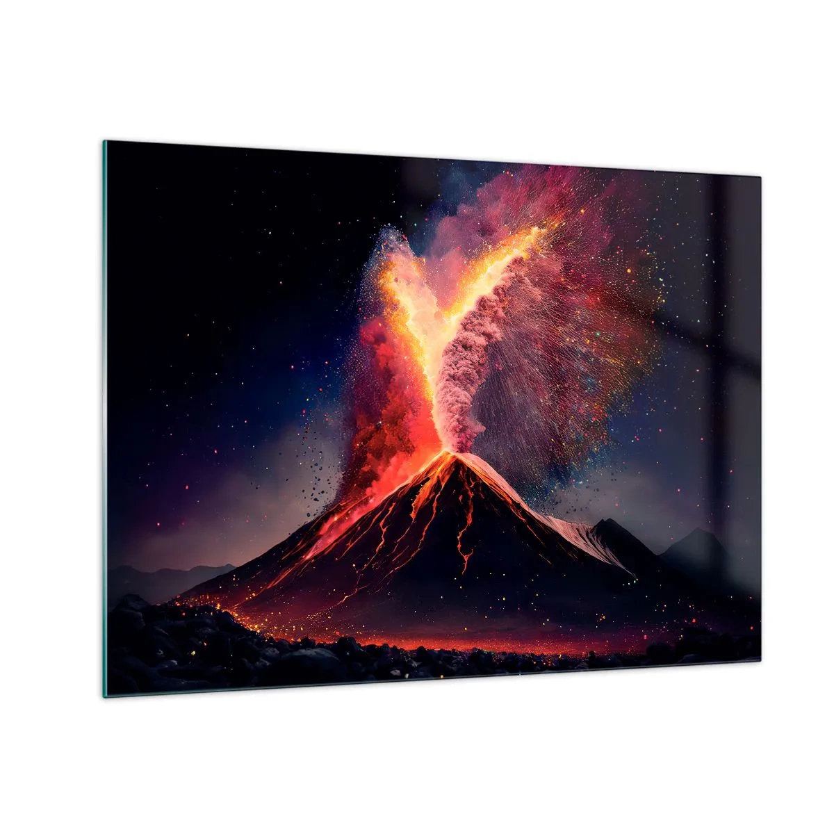 Obraz na skle - Vybuchujúca sopka s lávou a farebným oblakom prachu - 70x50cm - Krása a hrôza - Moderná nástenná dekorácia do obývacej izby a spálne ARTTOR