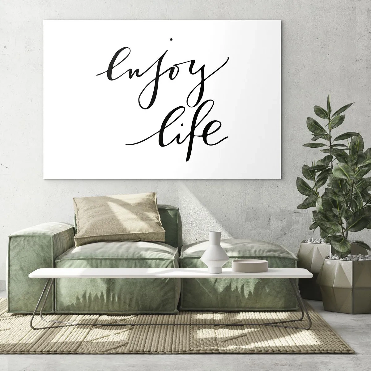 Obraz na skle - Minimalistický nápis „Užívaj si život“ v čiernej farbe na bielom pozadí - 70x50cm - Niet čo dodať… - Moderná nástenná dekorácia do obývacej izby a spálne ARTTOR