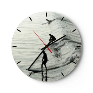 Nástenné hodiny - Surferi chytajúci ranné vlny na pokojnom mori - 30x30cm - Vlne v ústrety - Moderná nástenná dekorácia do obývacej izby, kuchyne a spálne ARTTOR