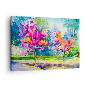 Obraz na plátne - Farebné stromy v parku v akvarelovom štýle - 70x50cm - Dúhová záhrada v jarnom lesku - Moderná nástenná dekorácia do obývacej izby a spálne ARTTOR