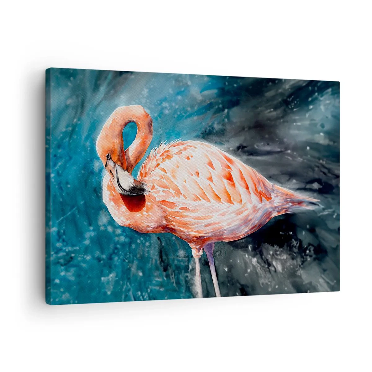 Obraz na plátne - Ružový plameniak na modrom akvarelovom pozadí - 70x50cm - Dekoratívne od prírody - Moderná nástenná dekorácia do obývacej izby a spálne ARTTOR