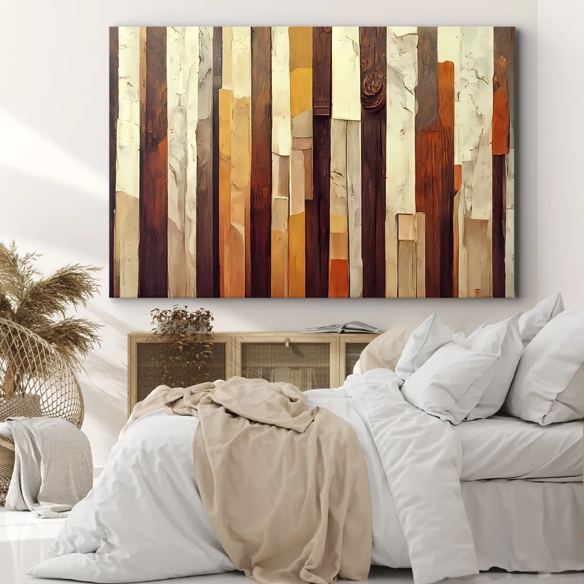 Obraz na plátne - Geometrická kompozícia v odtieňoch dreva a zlata - 70x50cm - Hymna lesných stromov - Moderná nástenná dekorácia do obývacej izby a spálne ARTTOR