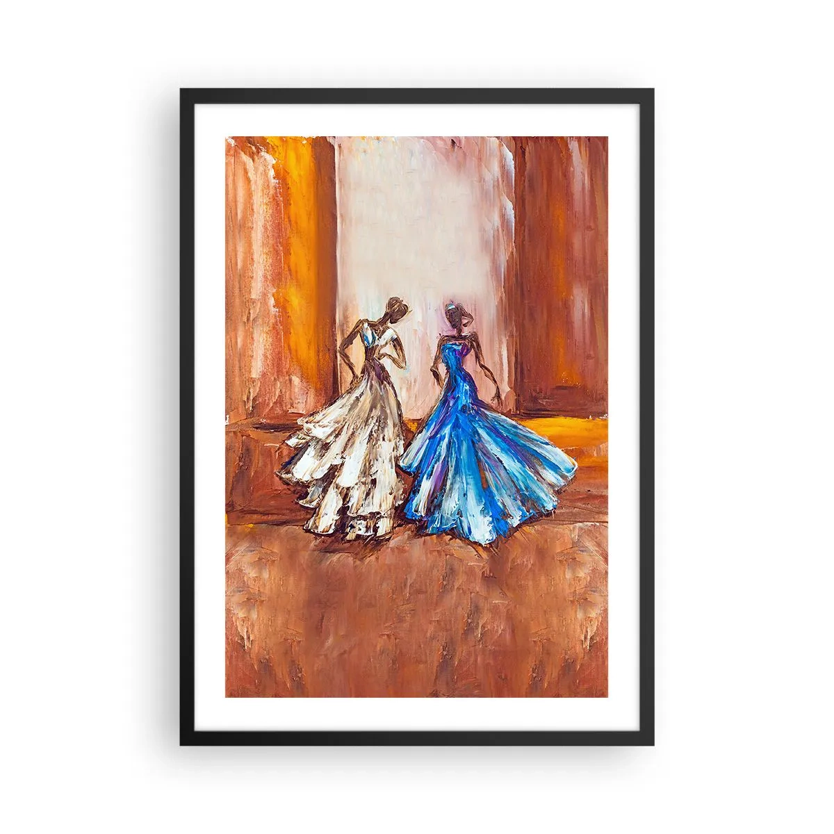Plagát v čiernom ráme - Dve ženy v šatách na pozadí zlatého interiéru - 50x70cm - Pôvabné duo - Moderná nástenná dekorácia do obývacej izby a spálne ARTTOR