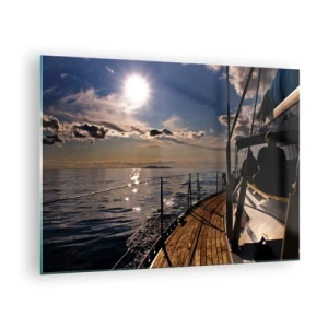 Obraz na skle - Plavba plachetnicou do západu slnka - 70x50cm - Plavba smerom k slnku - Moderná nástenná dekorácia do obývacej izby a spálne ARTTOR