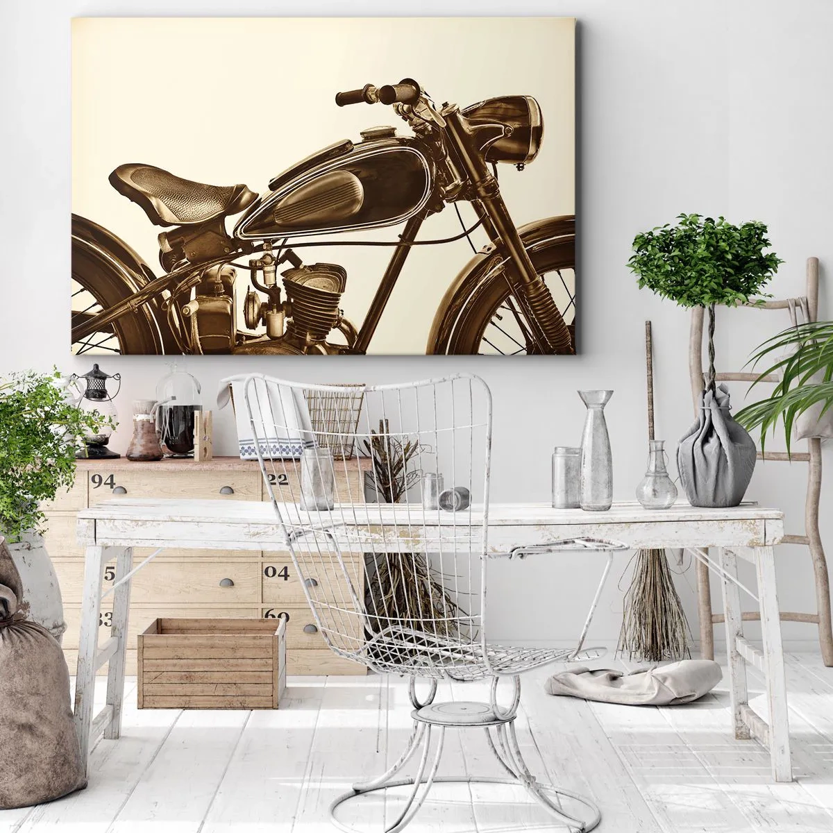 Obraz na plátne - Vintage retro motocykel na svetlom pozadí - 70x50cm - Túžba po klasike - Moderná nástenná dekorácia do obývacej izby a spálne ARTTOR