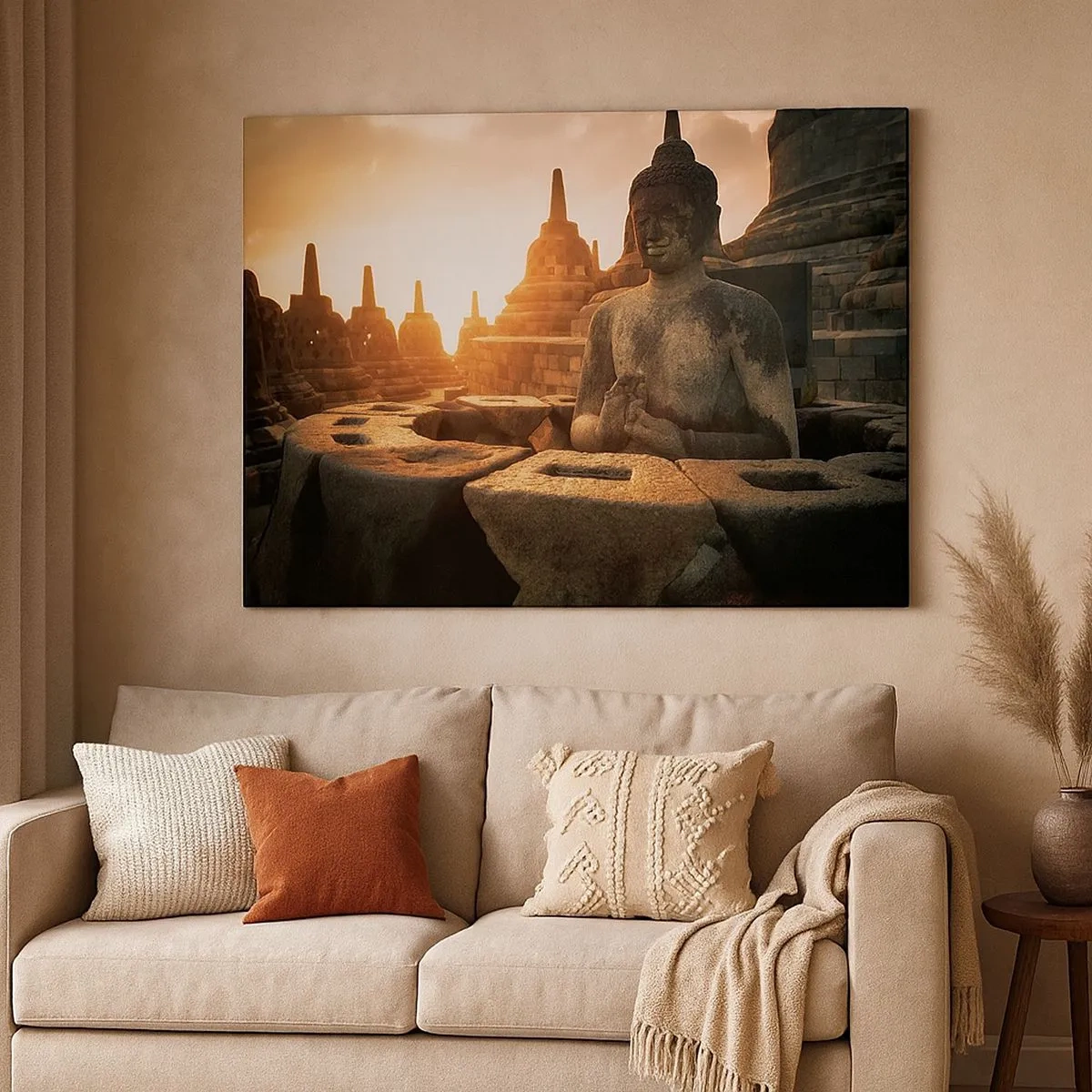 Obraz na plátne - Socha Budhu v chráme Borobudur pri západe slnka - 70x50cm - Počasie veľkej múdrosti - Moderná nástenná dekorácia do obývacej izby a spálne ARTTOR