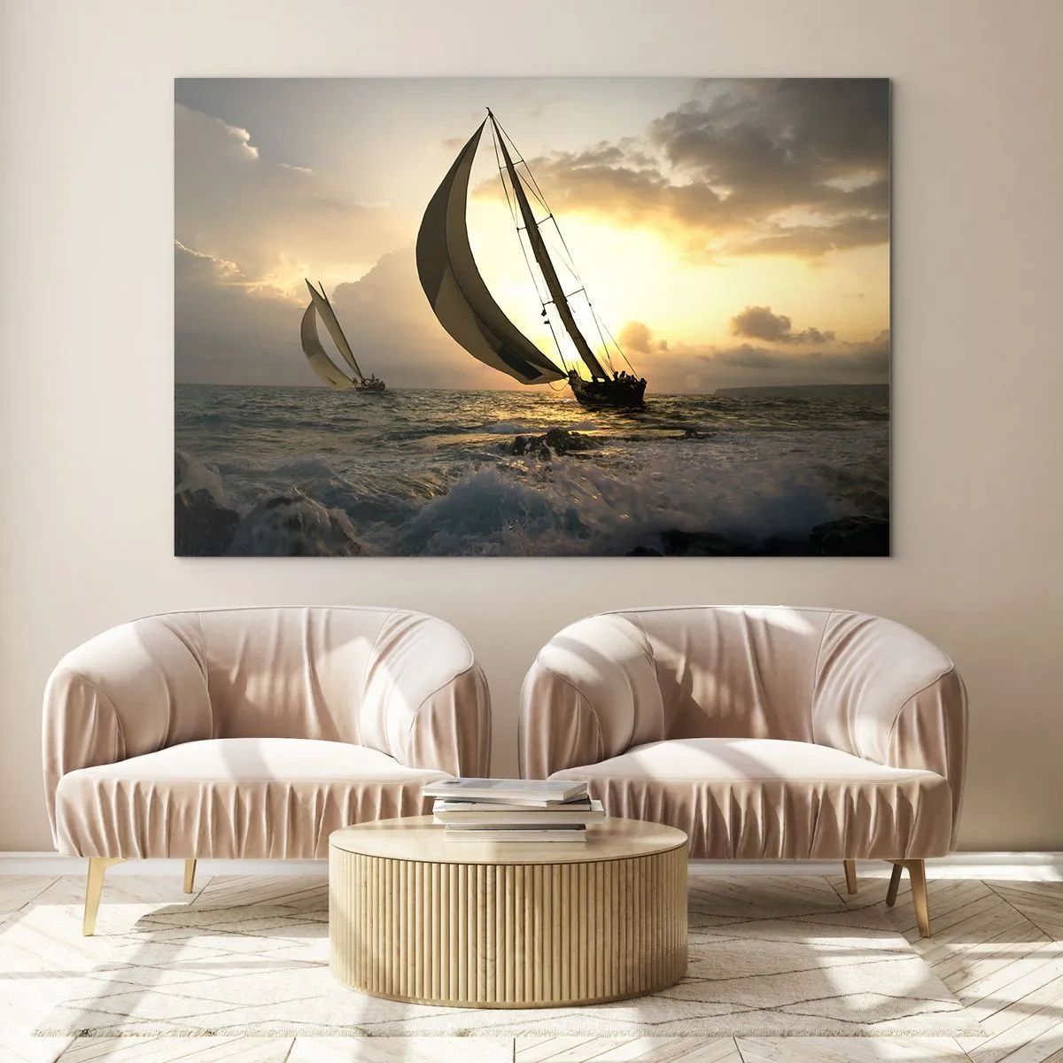 Obraz na skle - Plachetnice v rozbúrenom mori pri západe slnka - 70x50cm - S vetrom a proti vetru - Moderná nástenná dekorácia do obývacej izby a spálne ARTTOR