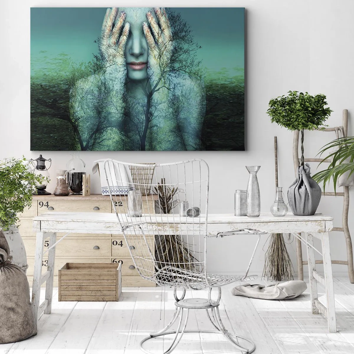 Obraz na plátne - Ženská postava s motívom stromu na tyrkysovom pozadí krajiny - 70x50cm - Ponorená do modrej - Moderná nástenná dekorácia do obývacej izby a spálne ARTTOR
