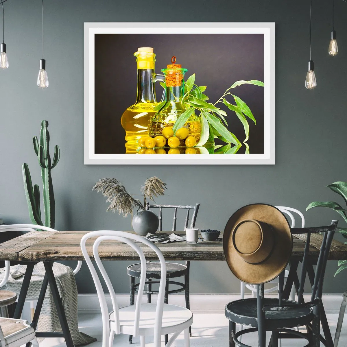 Plagát v bielom ráme - Zátišie s olivami a olejom - 91x61 cm