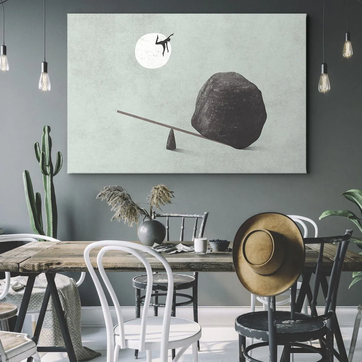 Obraz na plátne - Symbolická scéna s postavou a rovnováhou na pozadí jasnej oblohy. - 70x50cm - Splnený sen - Moderná nástenná dekorácia do obývacej izby a spálne ARTTOR