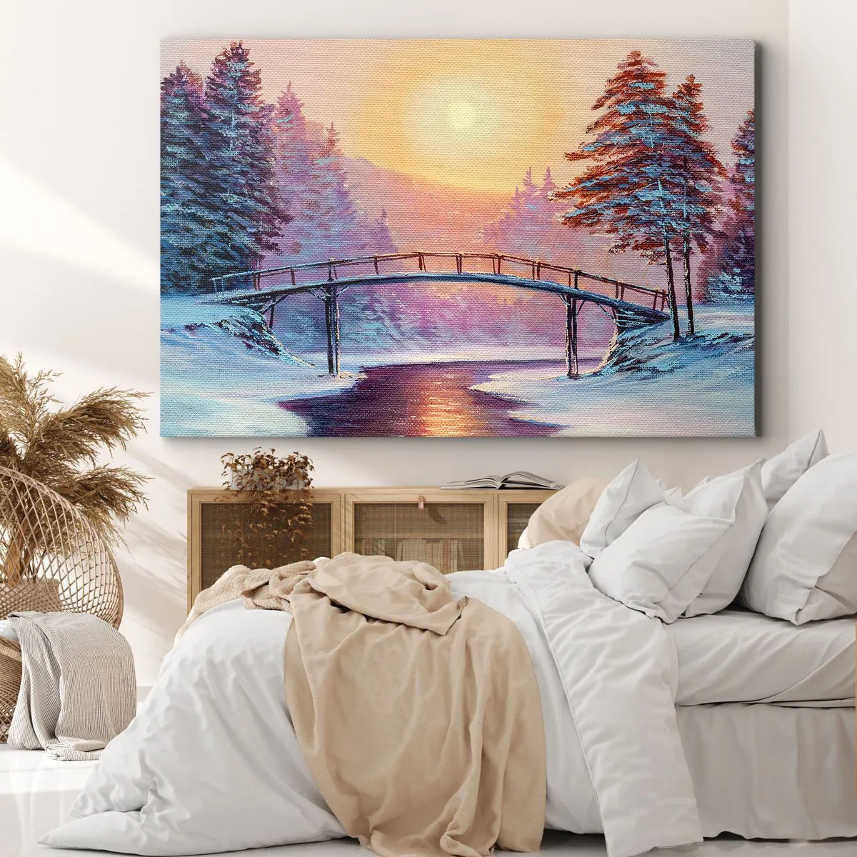 Obraz na plátne - Zimná krajina s mostom osvetleným západom slnka - 70x50cm - Štyri ročné obdobia - zima - Moderná nástenná dekorácia do obývacej izby a spálne ARTTOR