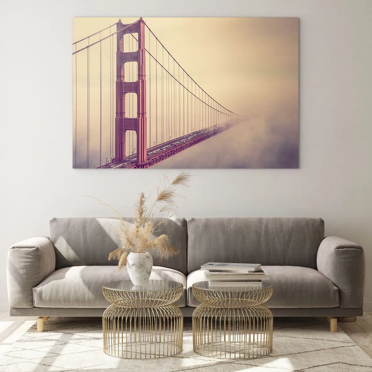 Obraz na skle - Most Golden Gate v San Franciscu v hmlistej krajine - 70x50cm - Medzi nebom a zemou - Moderná nástenná dekorácia do obývacej izby a spálne ARTTOR