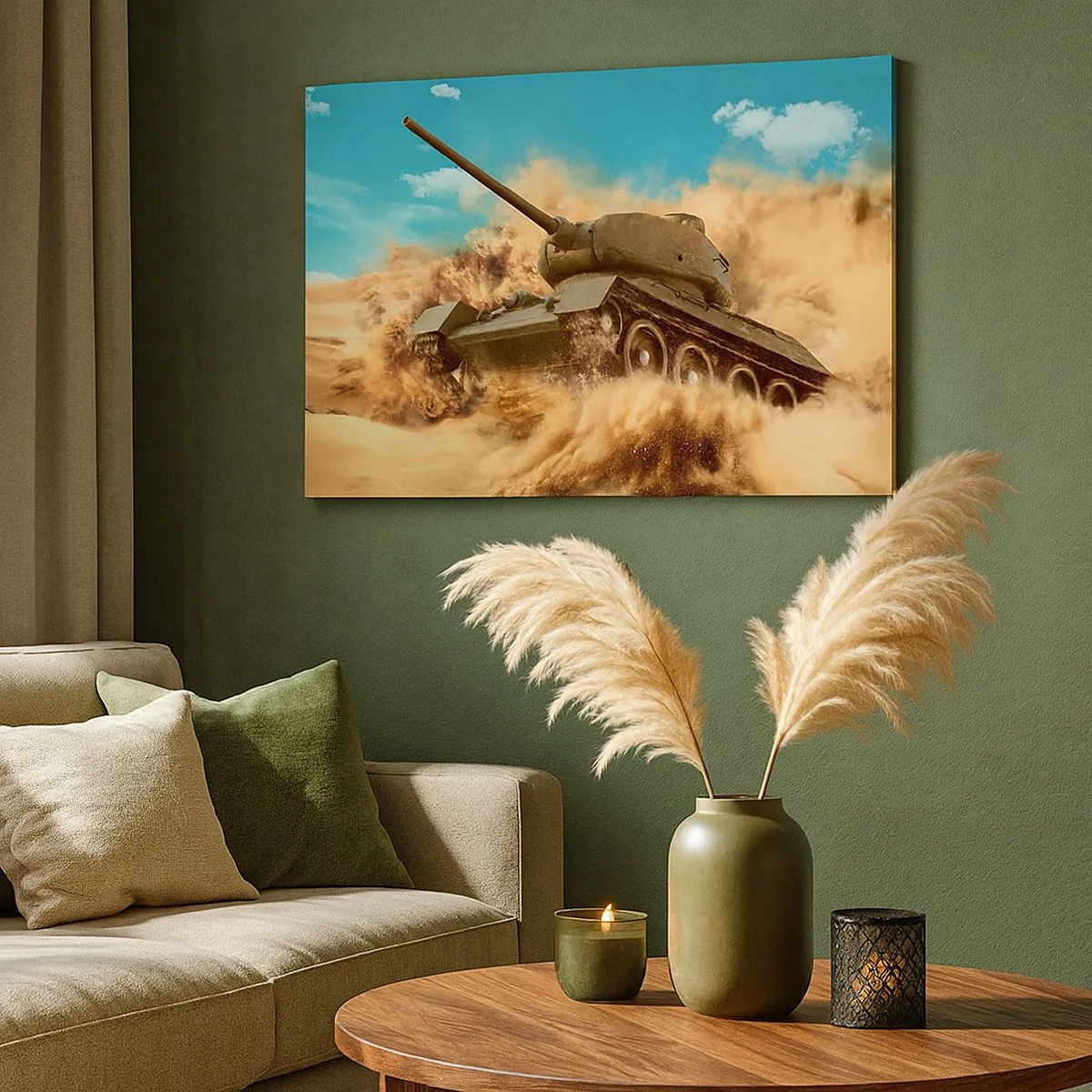 Obraz na plátne - Tank v akcii v púšti, obklopený piesočným prachom. - 70x50cm - Nedá sa poraziť - Moderná nástenná dekorácia do obývacej izby a spálne ARTTOR
