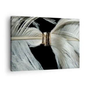 Obraz na plátne - Biele pierko s dvoma zlatými krúžkami na čiernom pozadí - 70x50cm - …a neopustím ťa…. - Moderná nástenná dekorácia do obývacej izby a spálne ARTTOR