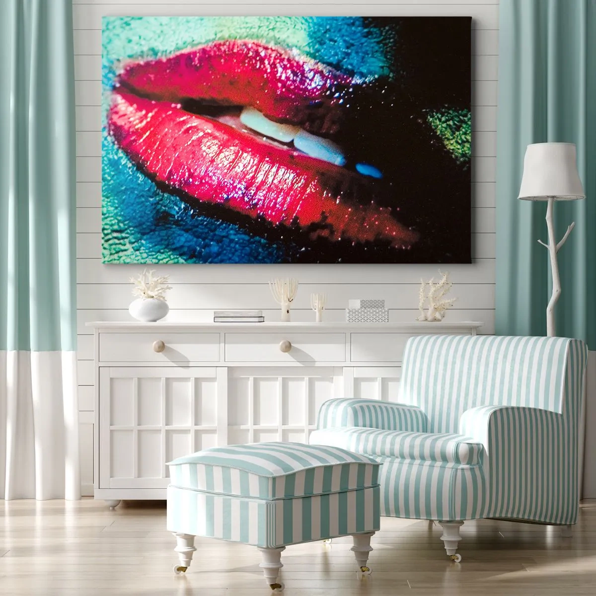 Obraz na plátne - Detailný záber farebných, lesklých pier na umeleckom pozadí - 70x50cm - Zmyselné a znepokojujúce - Moderná nástenná dekorácia do obývacej izby a spálne ARTTOR